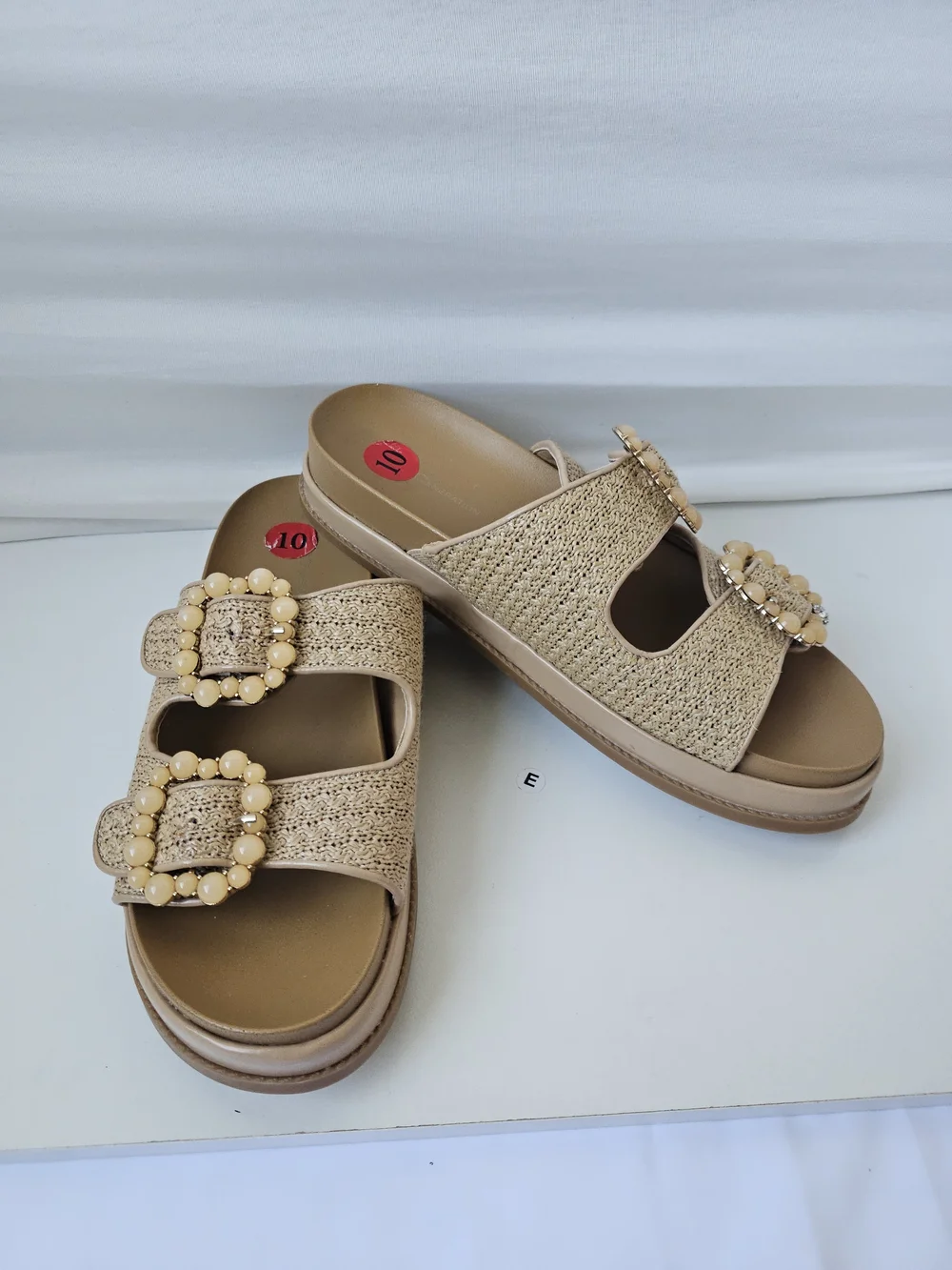 BCBGeneration Beau Raffia Beaded Buckle Slide Sandals - Size 10